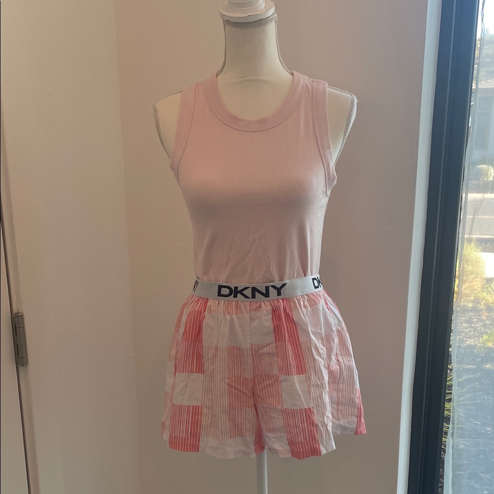 DKNY Women's Pink and White Pajama Shorts Set. Comfy and soft in cool fabric.